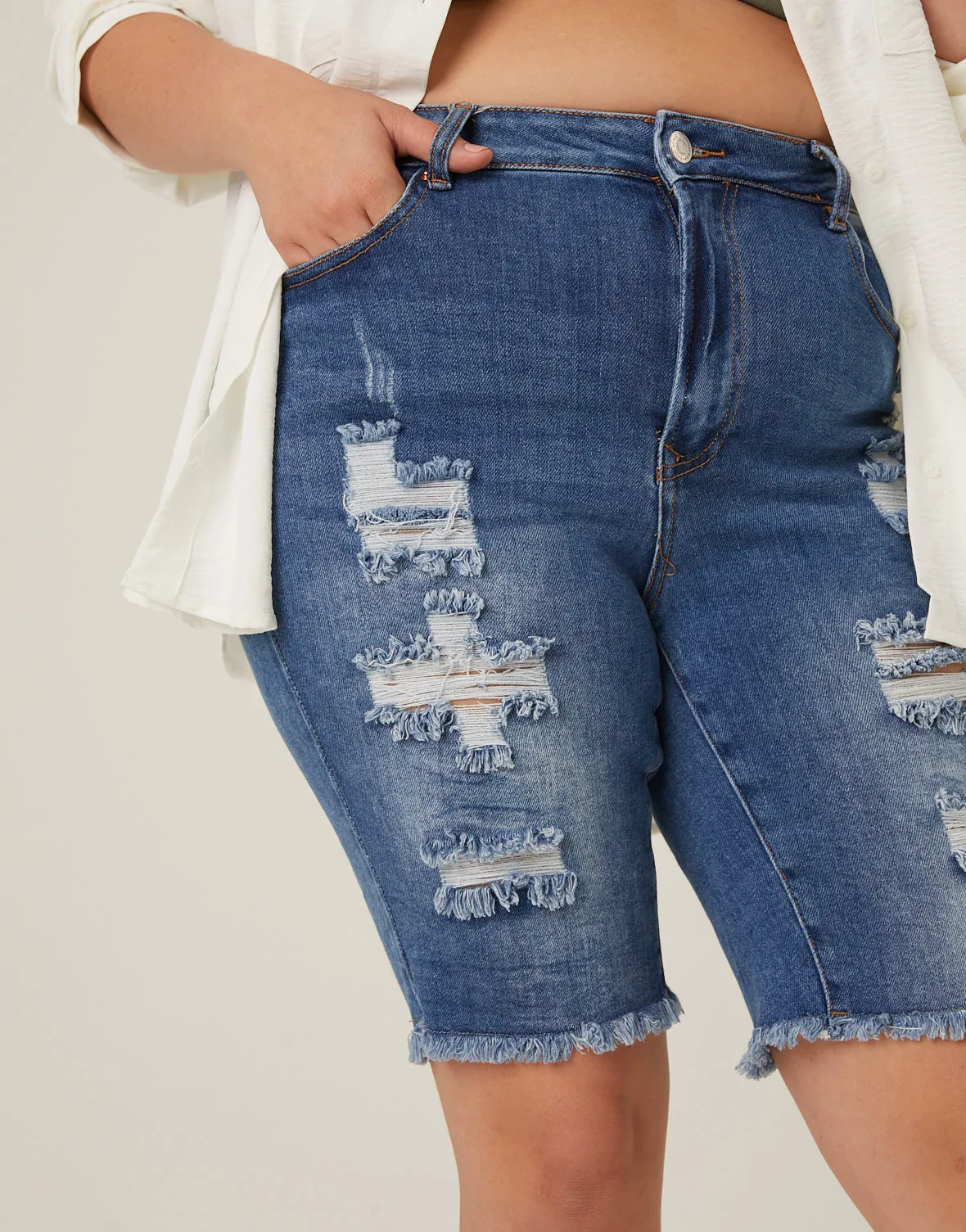 Plus Size Distressed Bermuda Denim Shorts