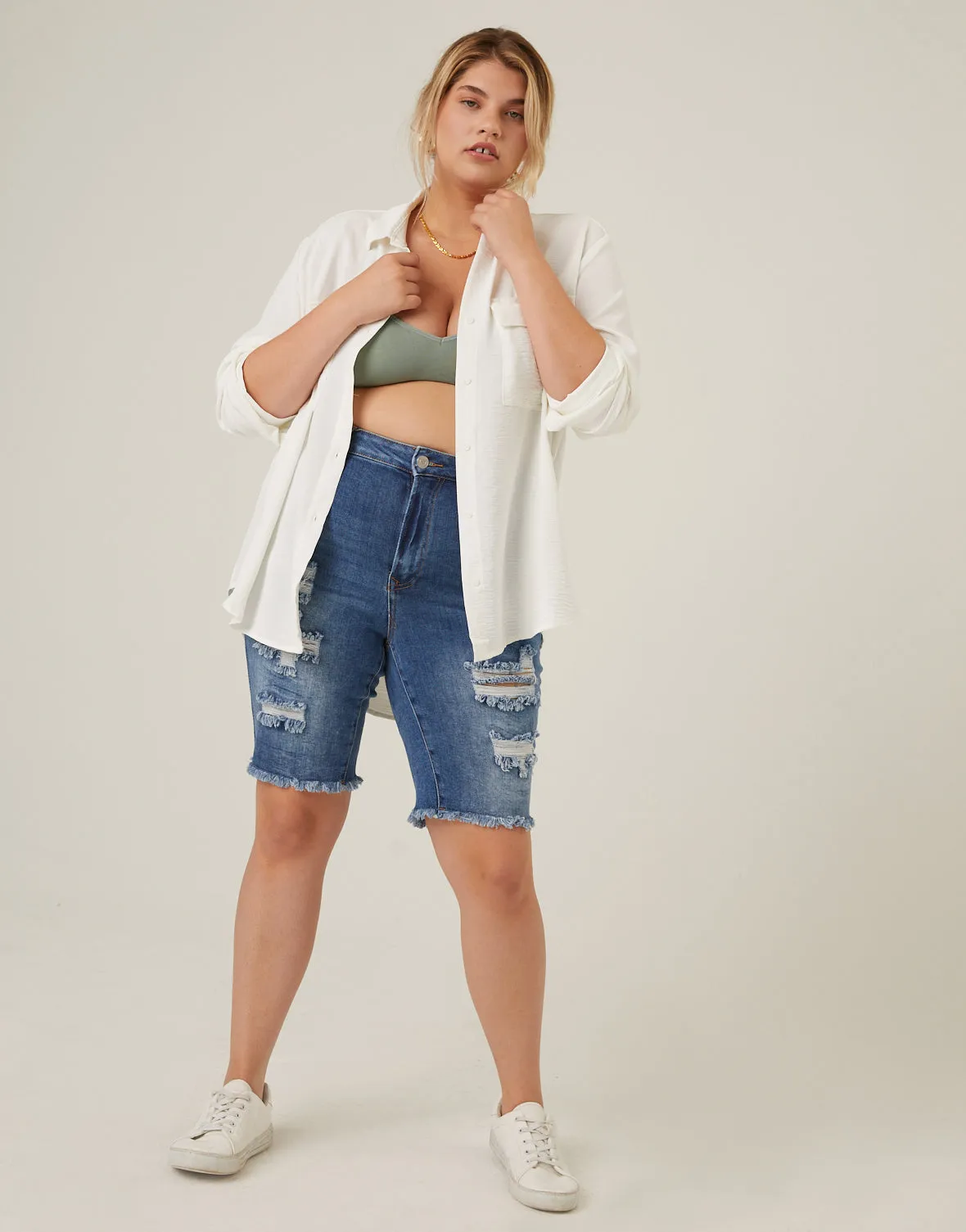 Plus Size Distressed Bermuda Denim Shorts