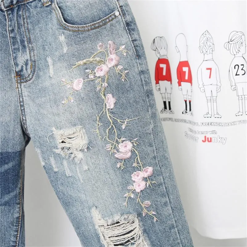 Plus Size Embroidered Ripped Denim Jeans