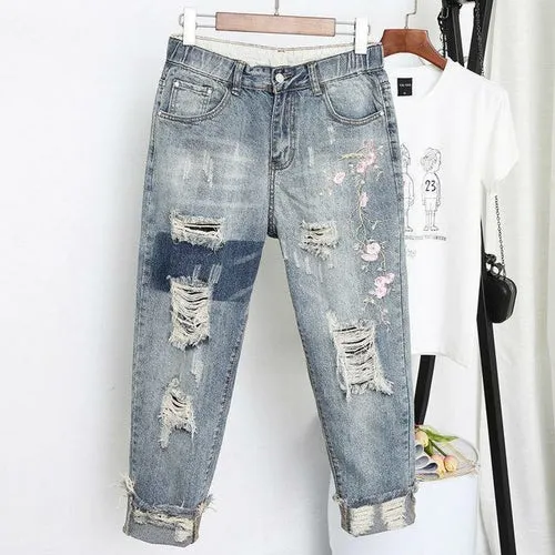 Plus Size Embroidered Ripped Denim Jeans