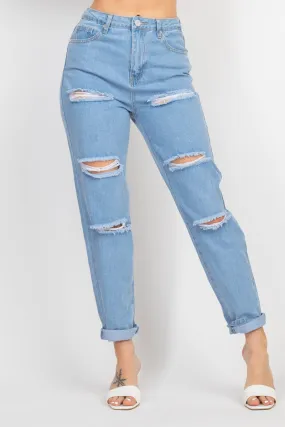 ROLLED HEM RIPPED DENIM JEANS