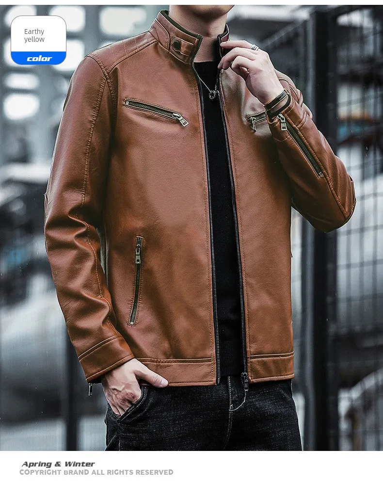 Spring and Autumn Imitation Leather K-style Silm Stand Collar Workwear