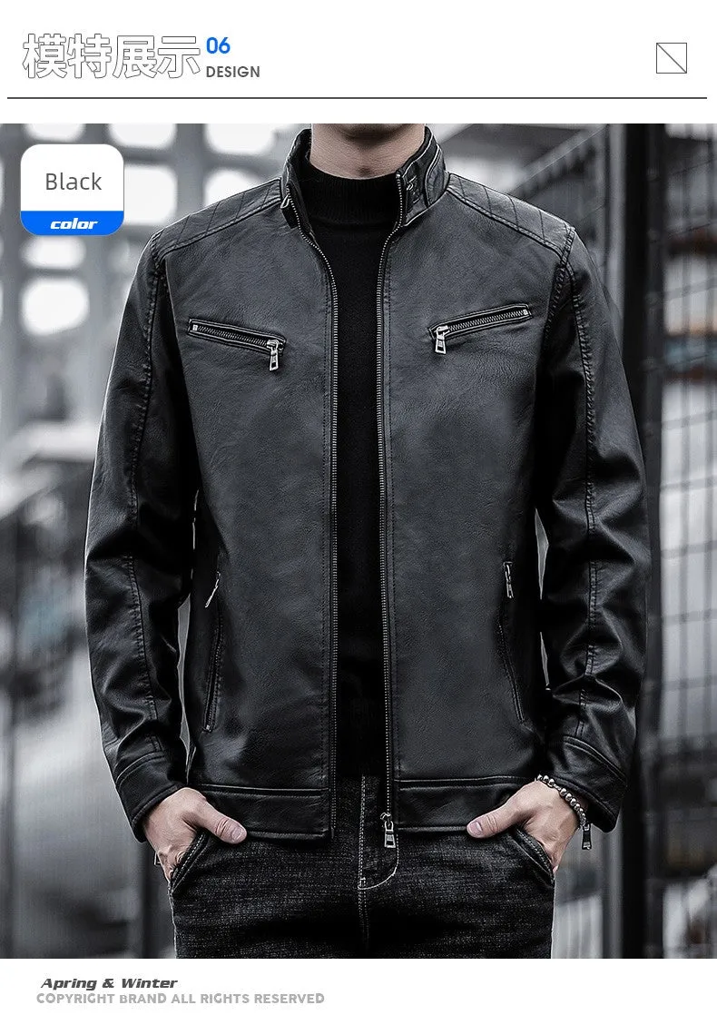 Spring and Autumn Imitation Leather K-style Silm Stand Collar Workwear