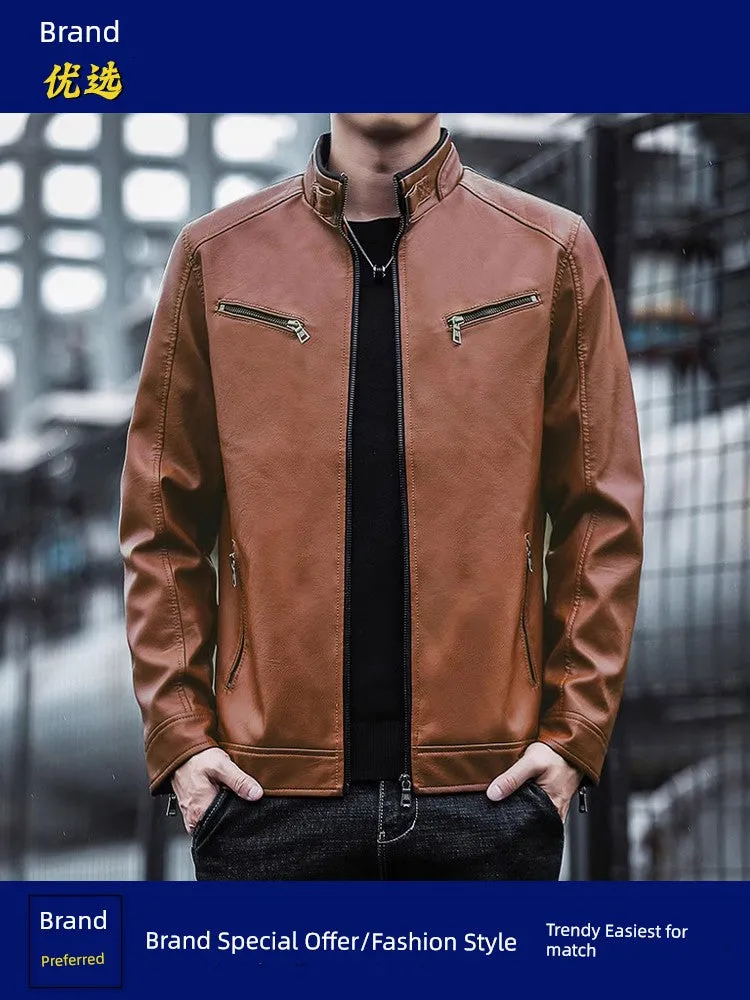 Spring and Autumn Imitation Leather K-style Silm Stand Collar Workwear