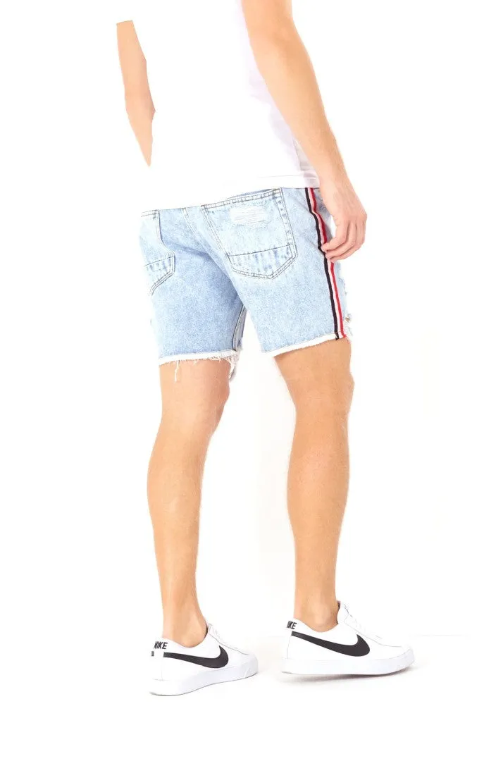 STRIPED TAPE DETAIL RIPPED DENIM SHORTS