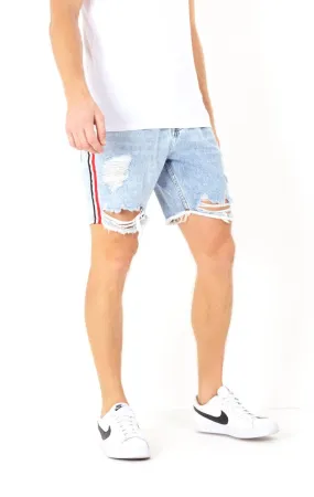 STRIPED TAPE DETAIL RIPPED DENIM SHORTS