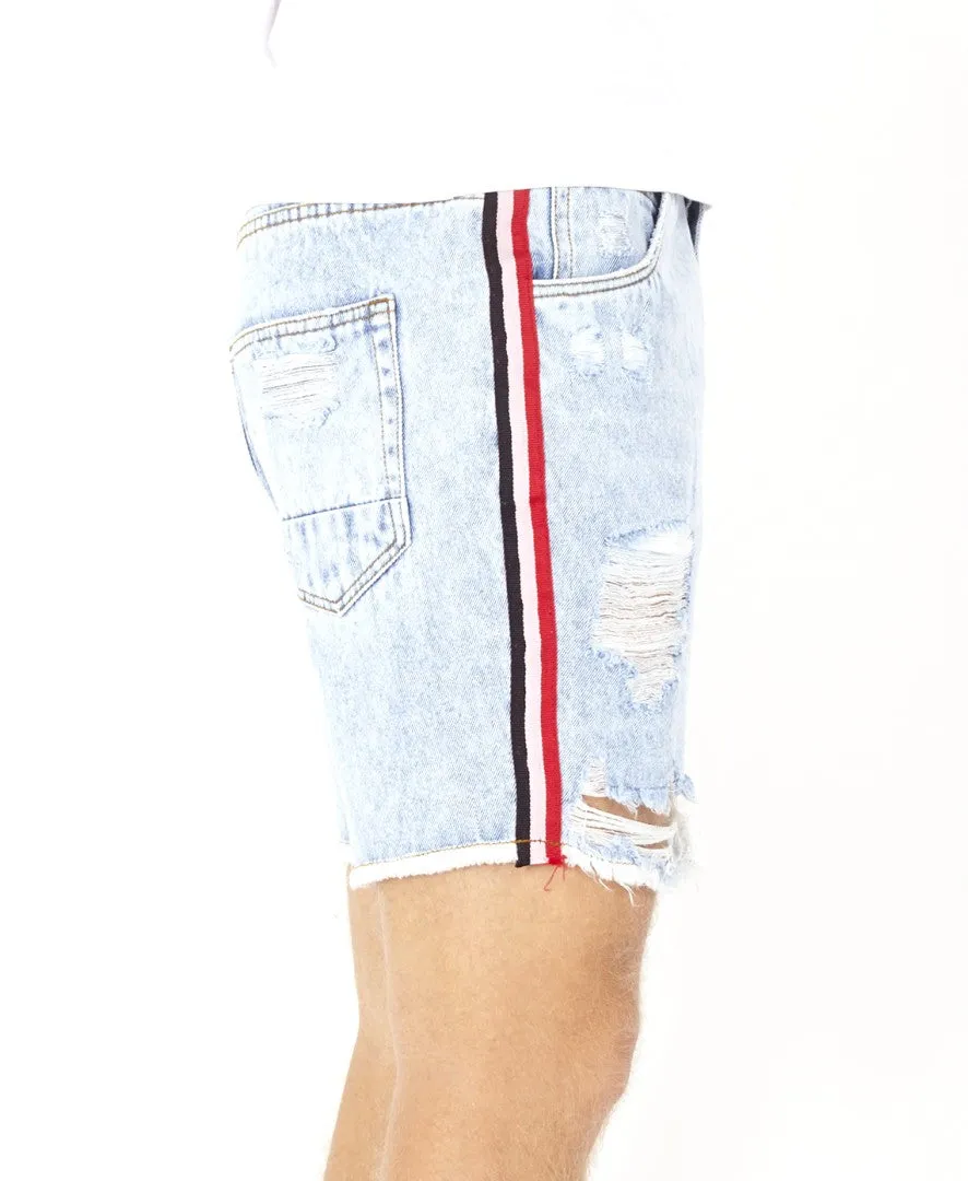 STRIPED TAPE DETAIL RIPPED DENIM SHORTS