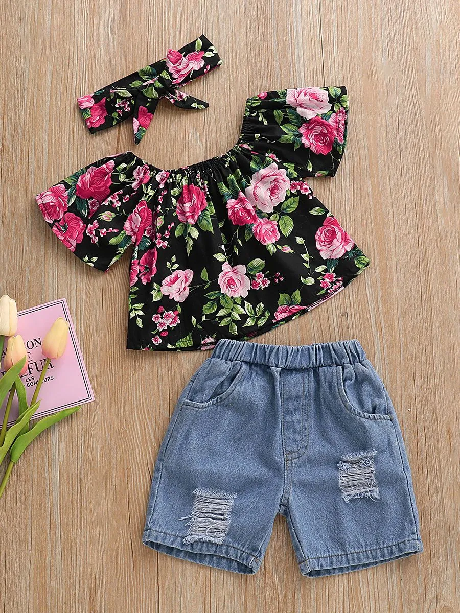 Stylish Baby Little Girl 3-Piece Summer Clothes Set Flower Top   Ripped Short Jeans Headband