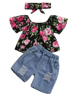 Stylish Baby Little Girl 3-Piece Summer Clothes Set Flower Top   Ripped Short Jeans Headband