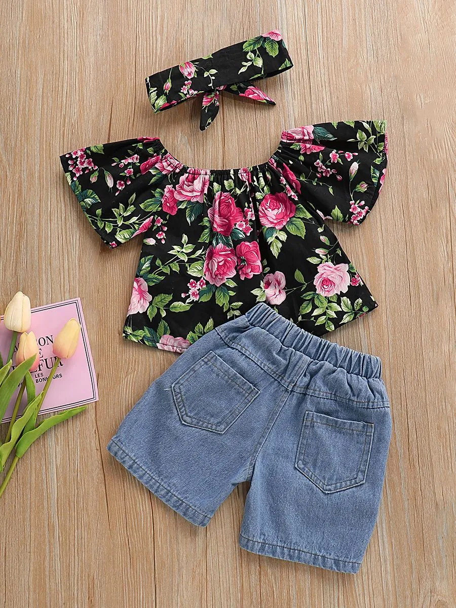 Stylish Baby Little Girl 3-Piece Summer Clothes Set Flower Top   Ripped Short Jeans Headband