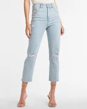 Super High Waisted Ripped Raw Hem Mom Jeans in Light Wash