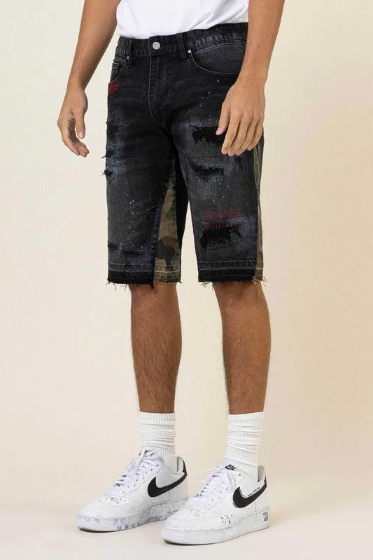 TEEK - Black Camo Paneled Released Hem Denim Shorts