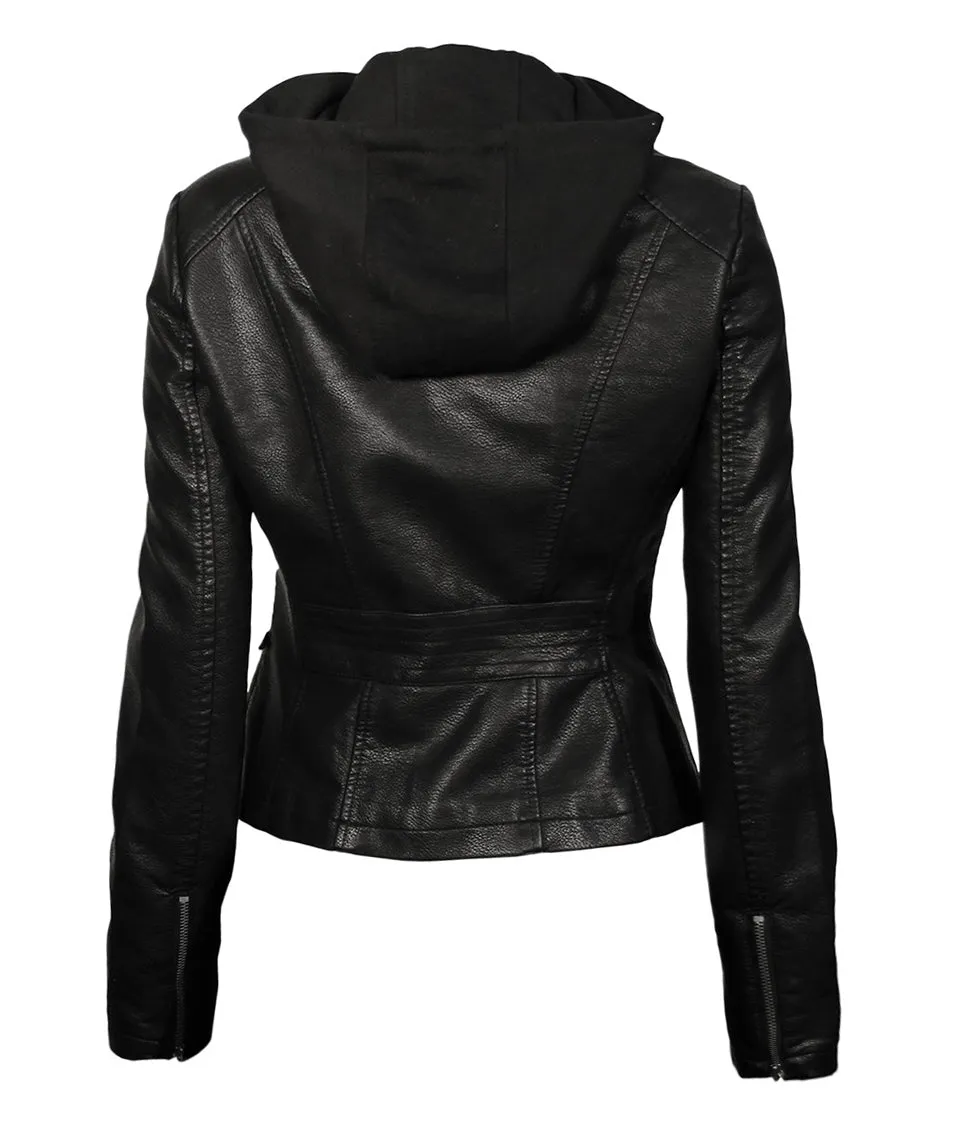 TOP GUN® WOMEN'S VEGAN LEATHER HOODED RACER JACKET