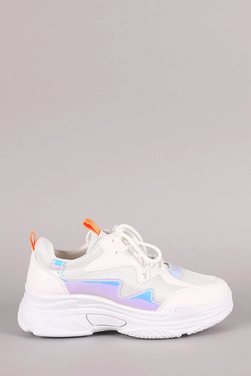 Vegan Leather Mesh Trim Holographic Lace-Up Sneaker