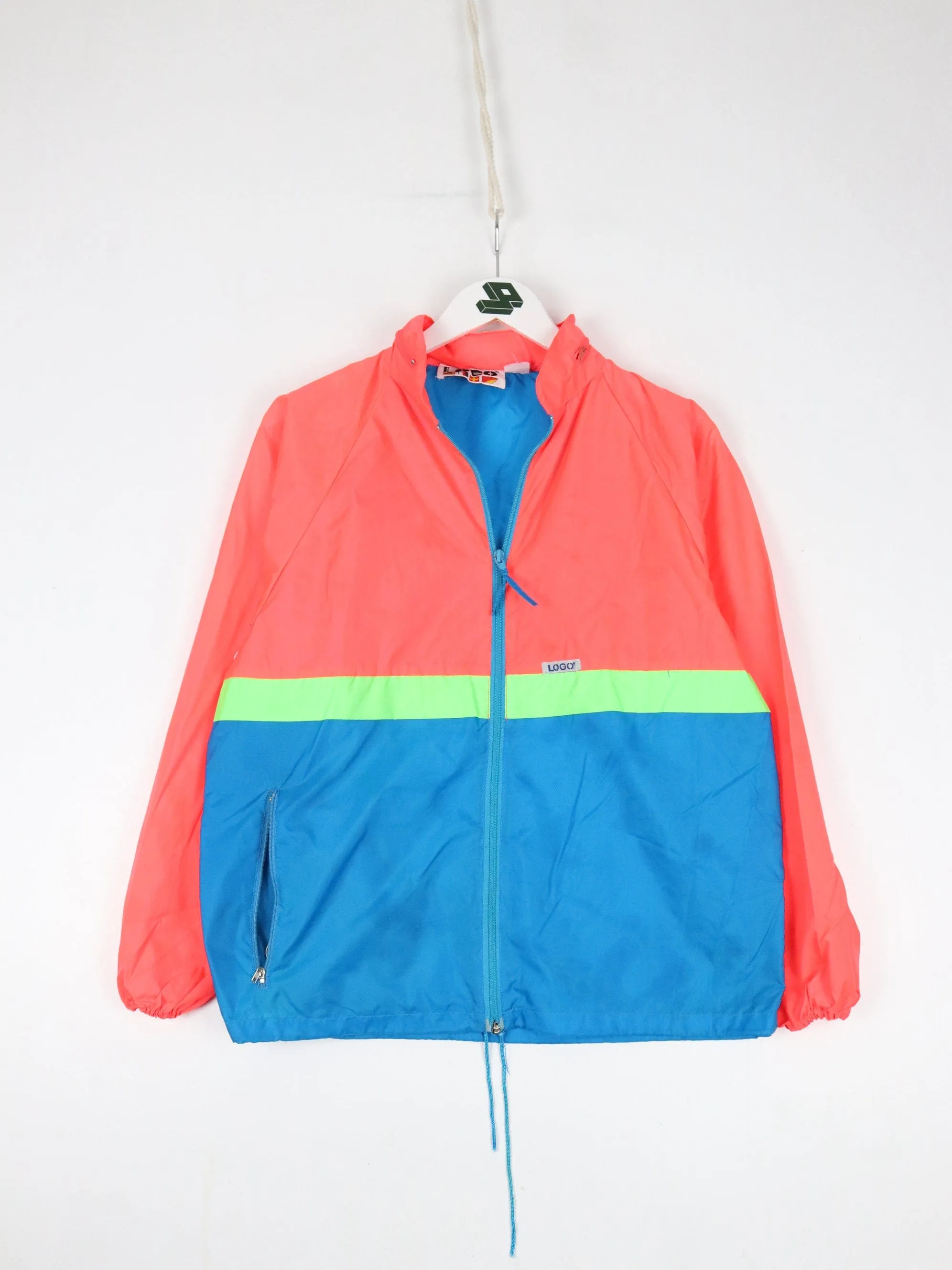 Vintage Logo Windbreaker Womens Medium Blue Packable Jacket 90s Neon