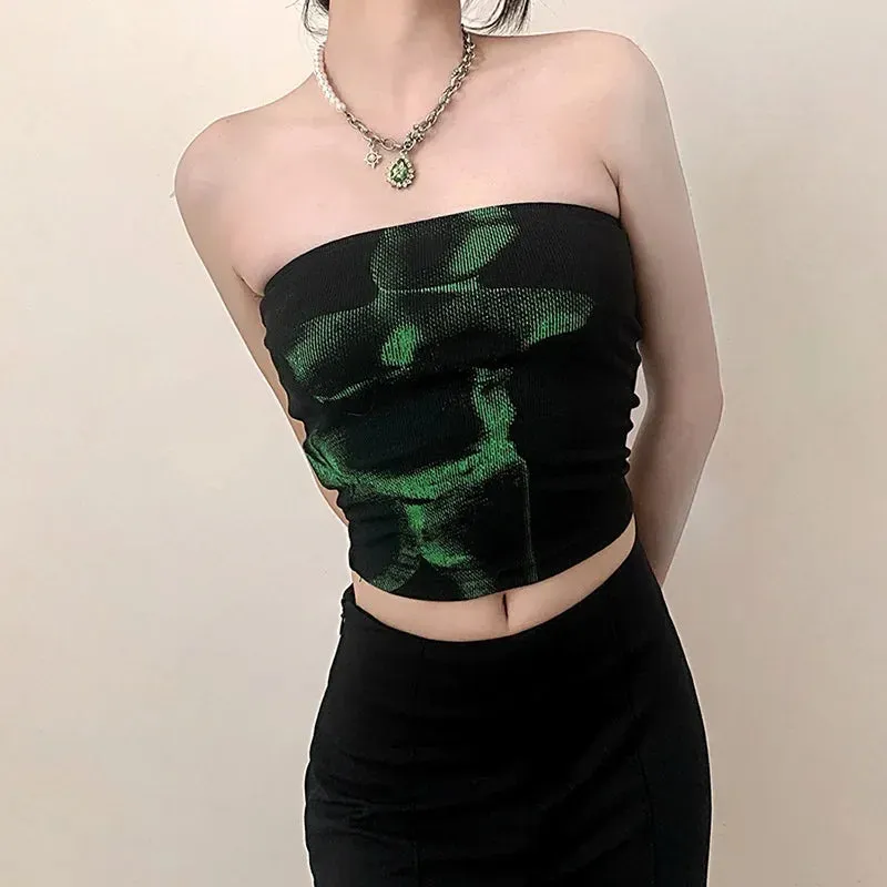 Vintage Punk Strapless Backless  Basic Crop Top