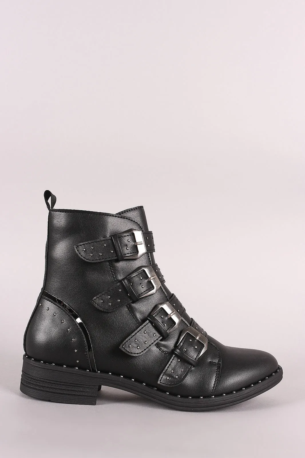 Wild Diva Lounge Studded Buckled Strap Moto Ankle Boots