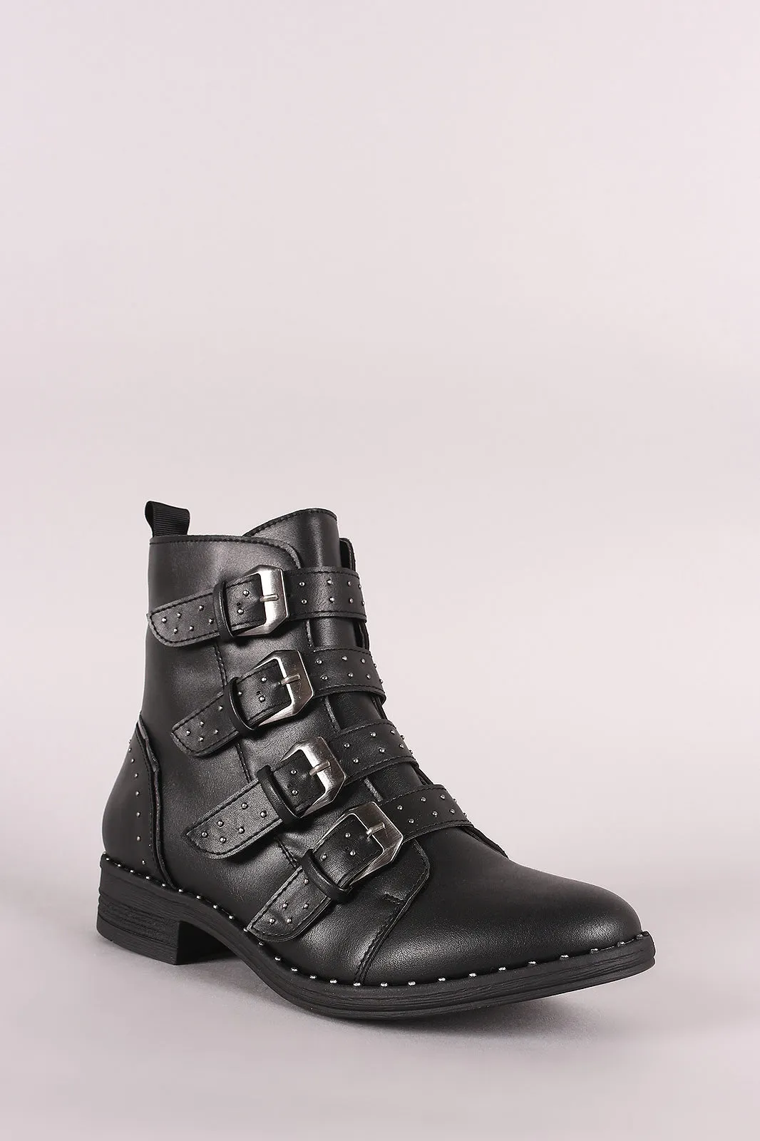 Wild Diva Lounge Studded Buckled Strap Moto Ankle Boots