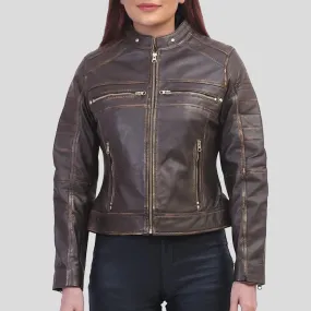 Women Slimfit Brown Cafe Racer Jacket