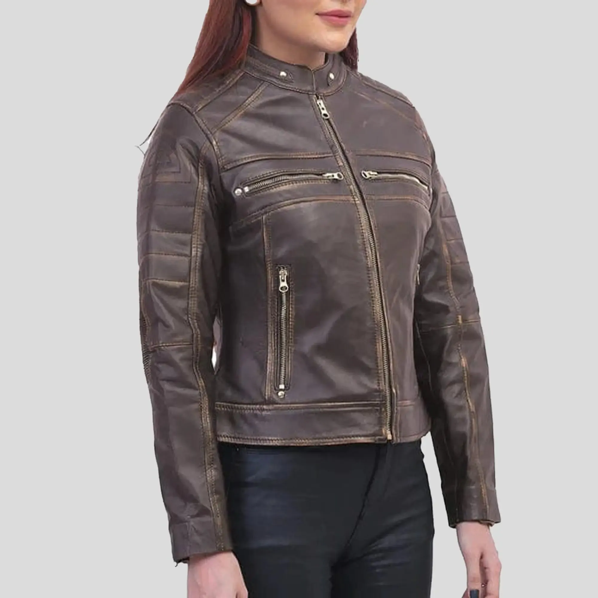 Women Slimfit Brown Cafe Racer Jacket