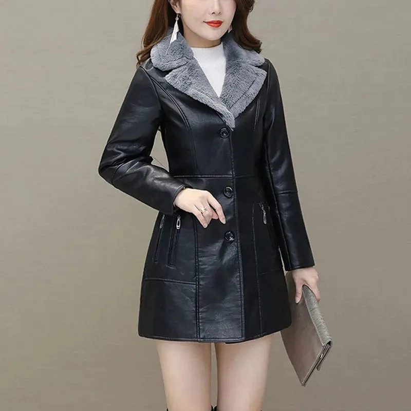 Womens Leather Windbreaker Plus Velvet Thick PU  Leather Jackets