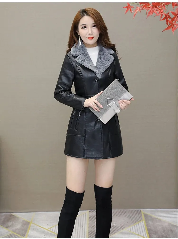 Womens Leather Windbreaker Plus Velvet Thick PU  Leather Jackets