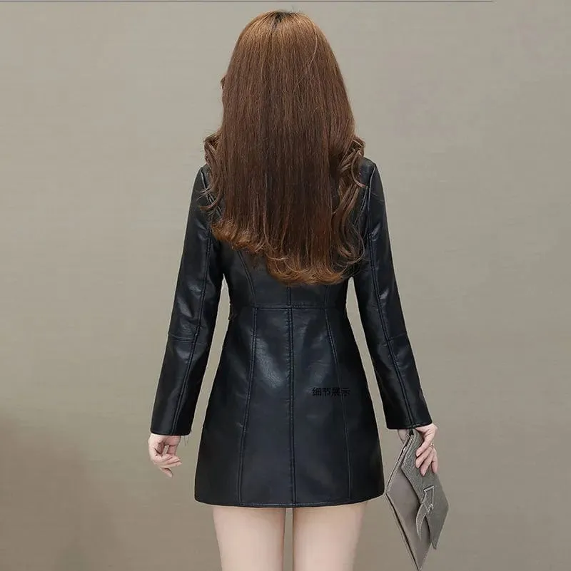 Womens Leather Windbreaker Plus Velvet Thick PU  Leather Jackets