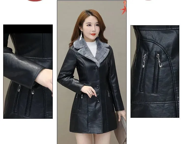 Womens Leather Windbreaker Plus Velvet Thick PU  Leather Jackets