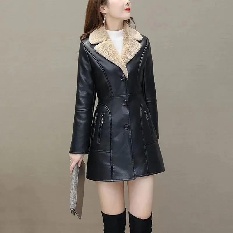 Womens Leather Windbreaker Plus Velvet Thick PU  Leather Jackets