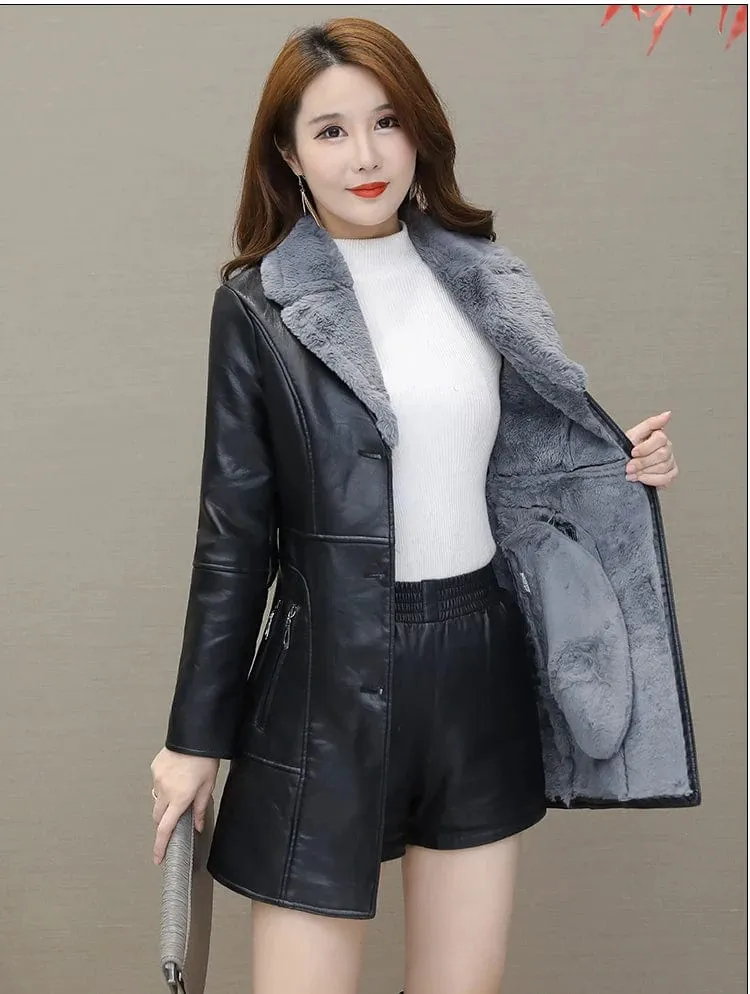 Womens Leather Windbreaker Plus Velvet Thick PU  Leather Jackets