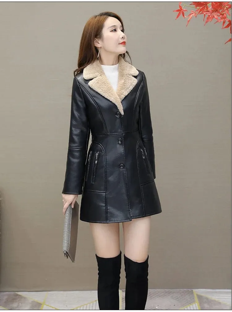 Womens Leather Windbreaker Plus Velvet Thick PU  Leather Jackets