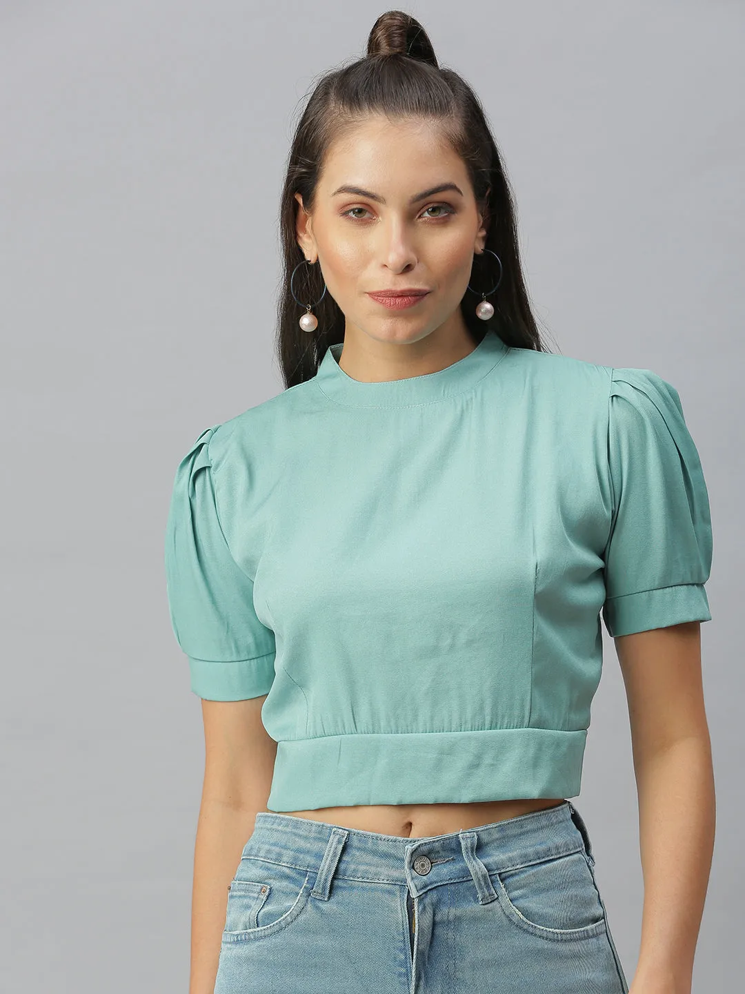 Women's Sea Green Solid Crop Tops