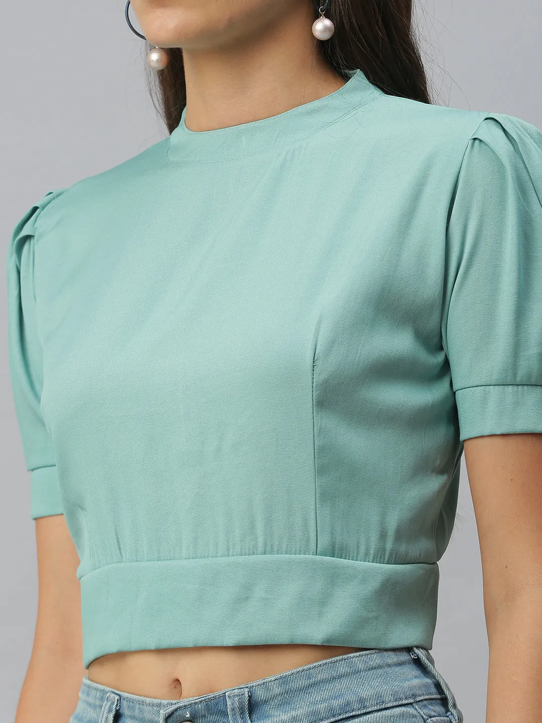 Women's Sea Green Solid Crop Tops