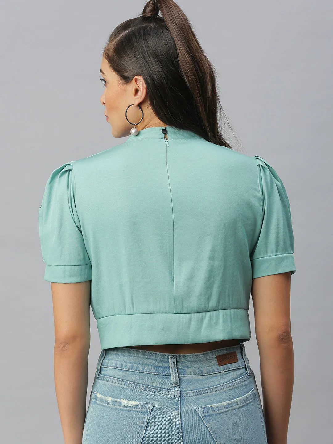 Women's Sea Green Solid Crop Tops