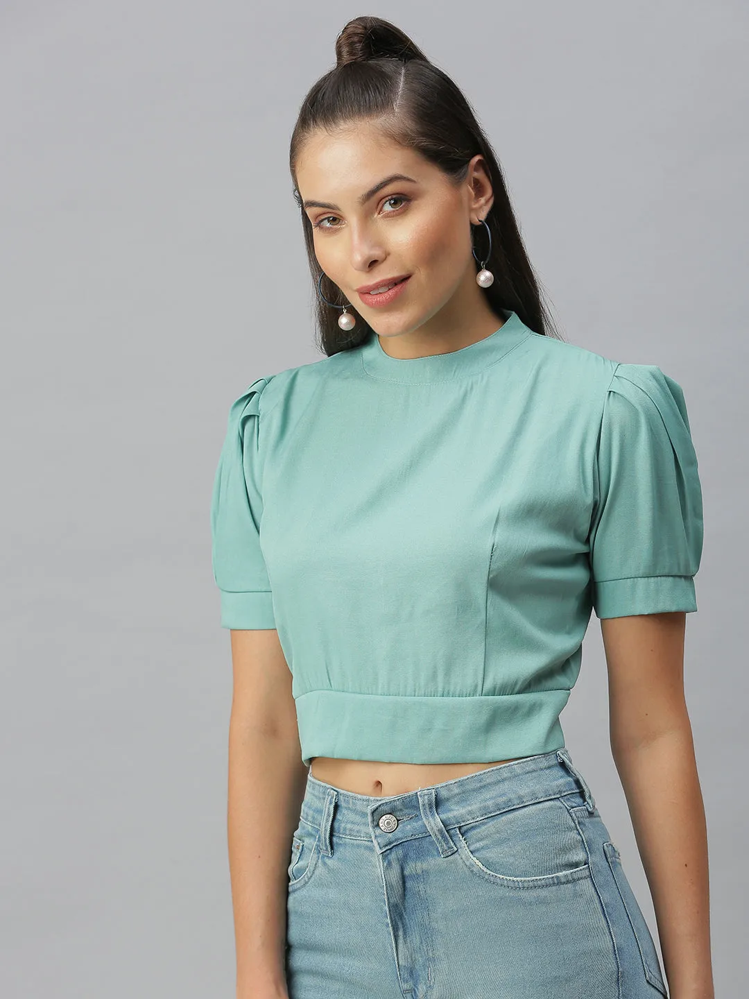 Women's Sea Green Solid Crop Tops