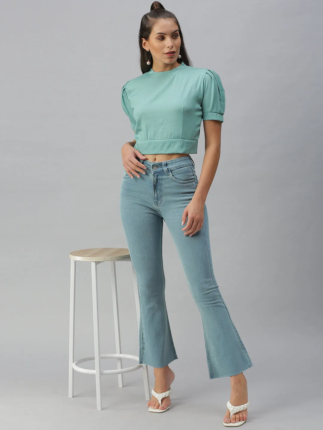 Women's Sea Green Solid Crop Tops