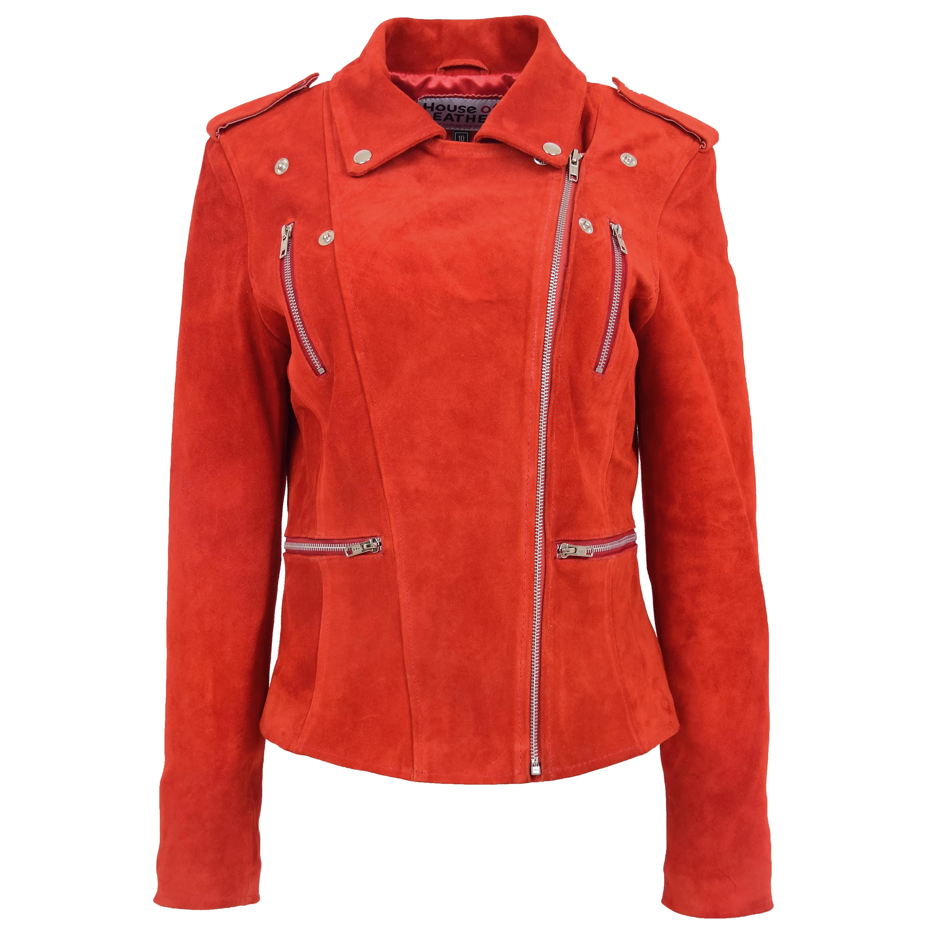 Womens Suede Biker Style Zip Jacket Skylar Red