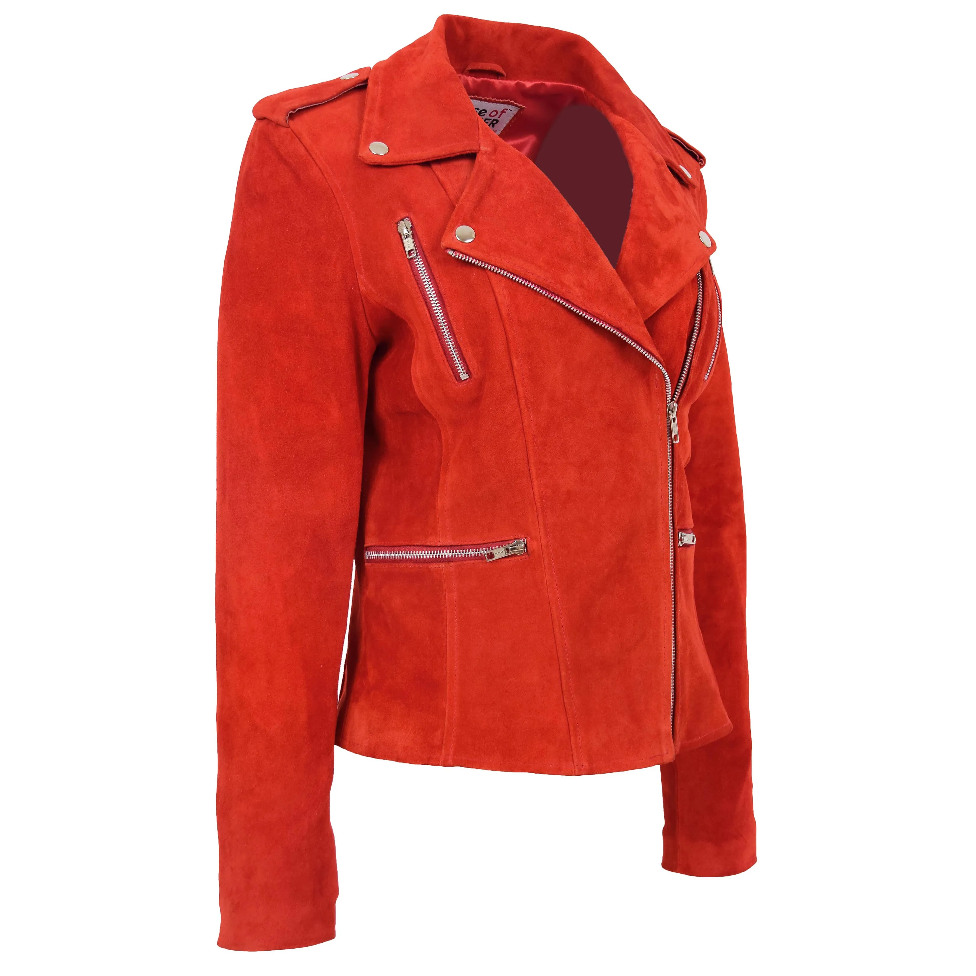 Womens Suede Biker Style Zip Jacket Skylar Red