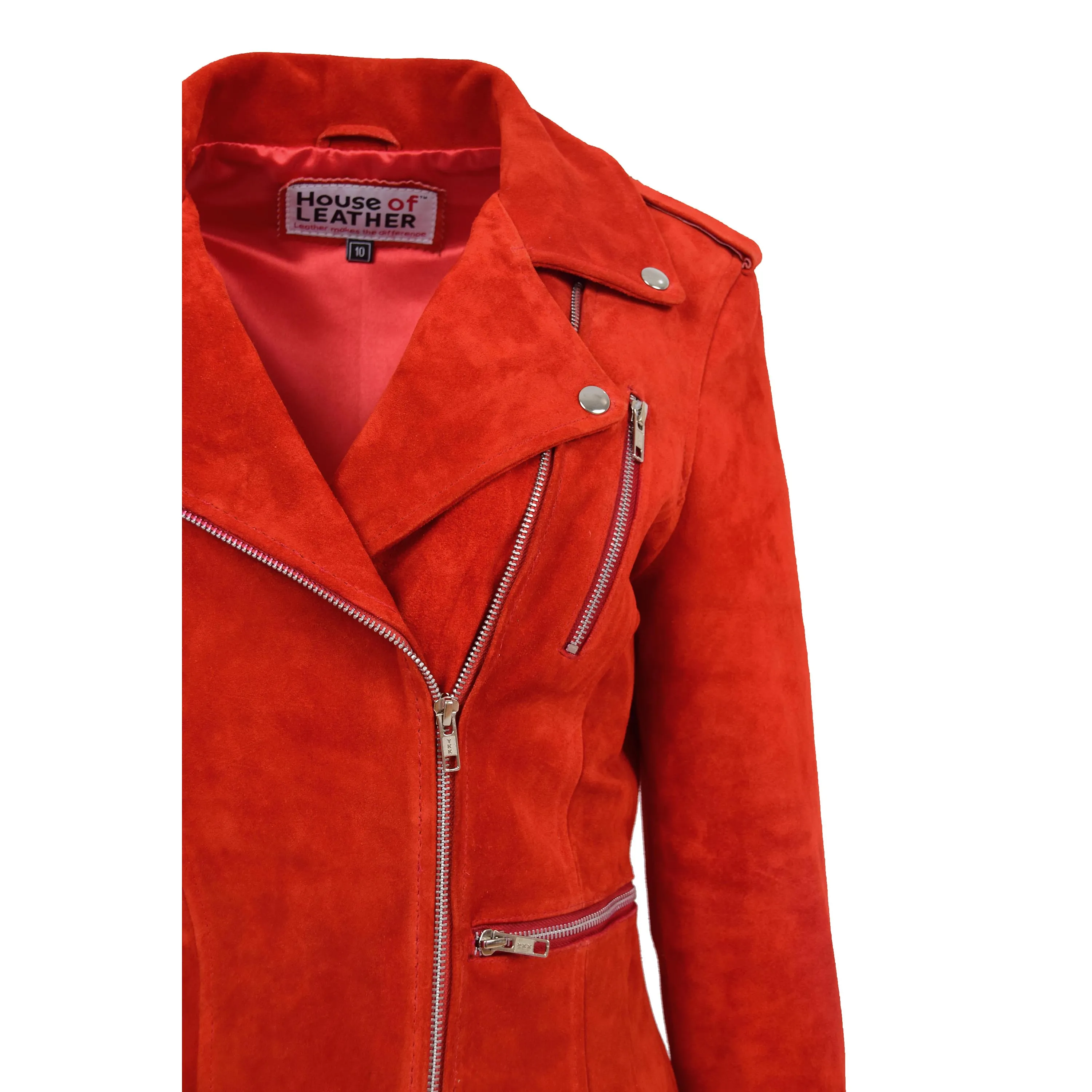 Womens Suede Biker Style Zip Jacket Skylar Red